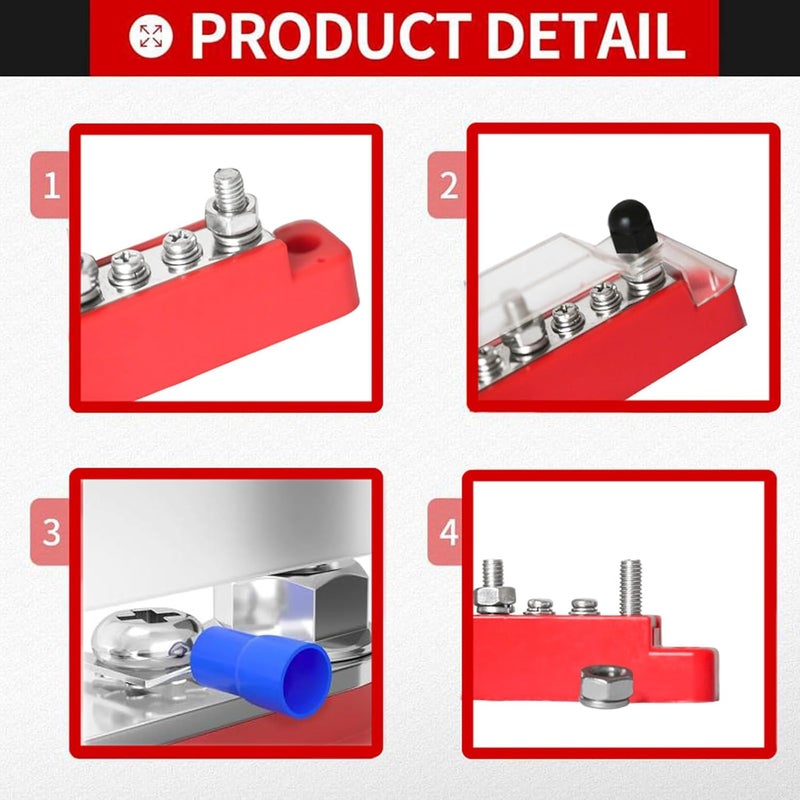 JOYPXF Bus Bar 12V 150A Power Distribution Block 4×1/4" Terminal Stud 6 x #8 Terminals Screws for Car Boat and Solar Wiring 2 Pack Distribution Block with Cable Zip Ties and Cable Labels for Cable Management - Image 4